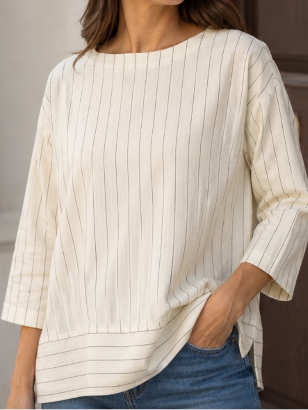 EILEEN FISHER IVORY STRIPPED TOP M